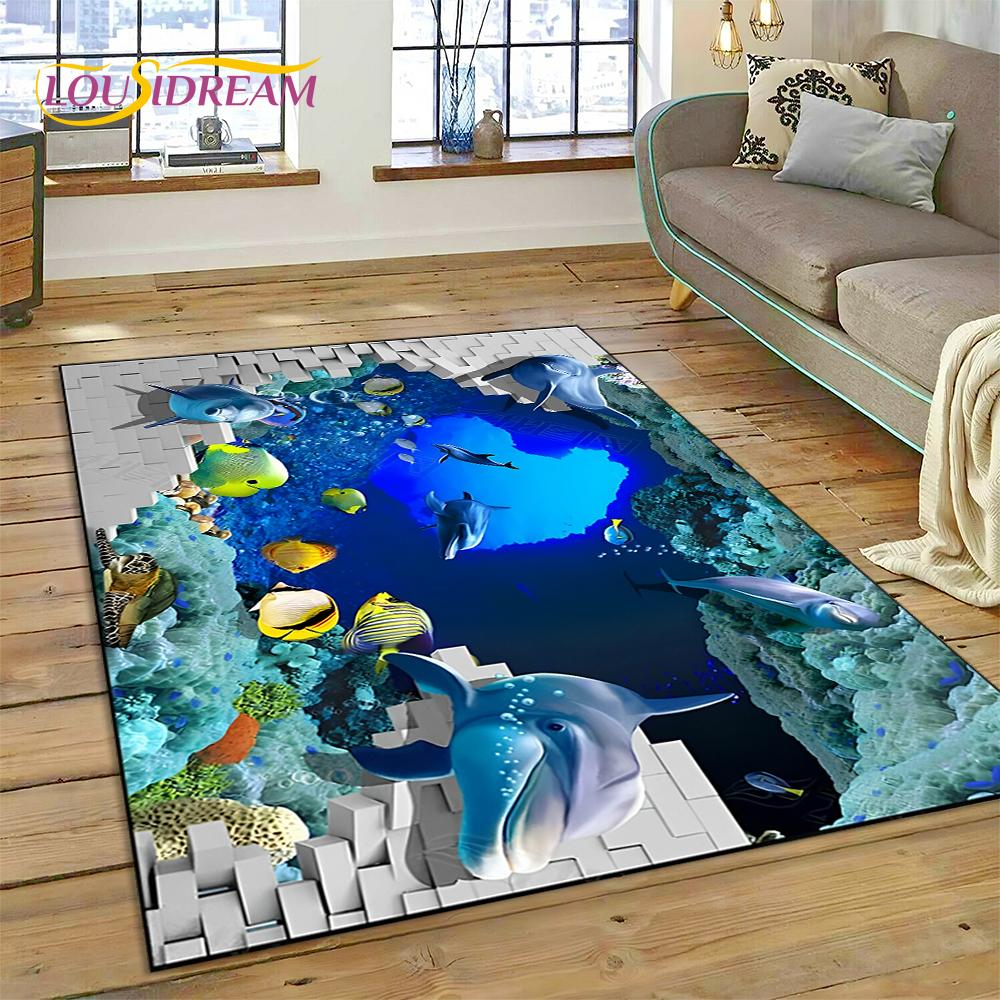 3D иллюзия подводного мира, морское дно, акула, дельфин, мультяшный ковер для декора гостиной, спальни, нескользящий коврик для дивана, детский коврик