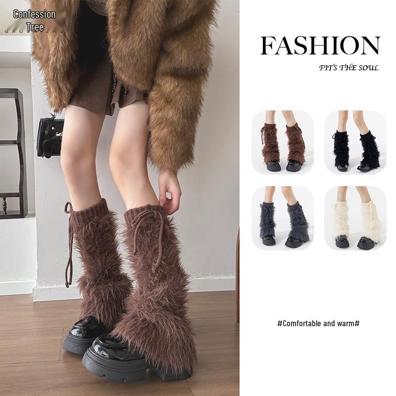 Женские меховые гетры на шнуровке - Толстые, плюшевые, в стиле Y2K для осени/зимы