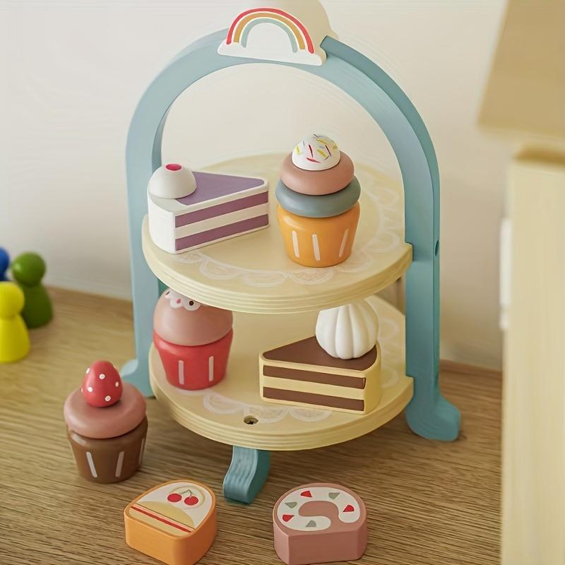Wooden Cake Pop Shop Playset ,8 Piece Pretend Play Food Toy with Multi-Tiered Dessert Tower Educational Kitchen Roleplay Set for Kids 3+