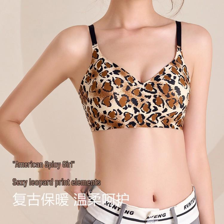 Leopard Print Seamless Push-Up Bra for Women - Anti-Sagging, Warm, with Side Support for a Beautiful Back