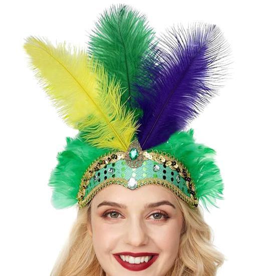 Feather Headpiece Hair Band with Rhinestones Sequins Elastic Carnival Headdress Women Lightweight Festival Headdress