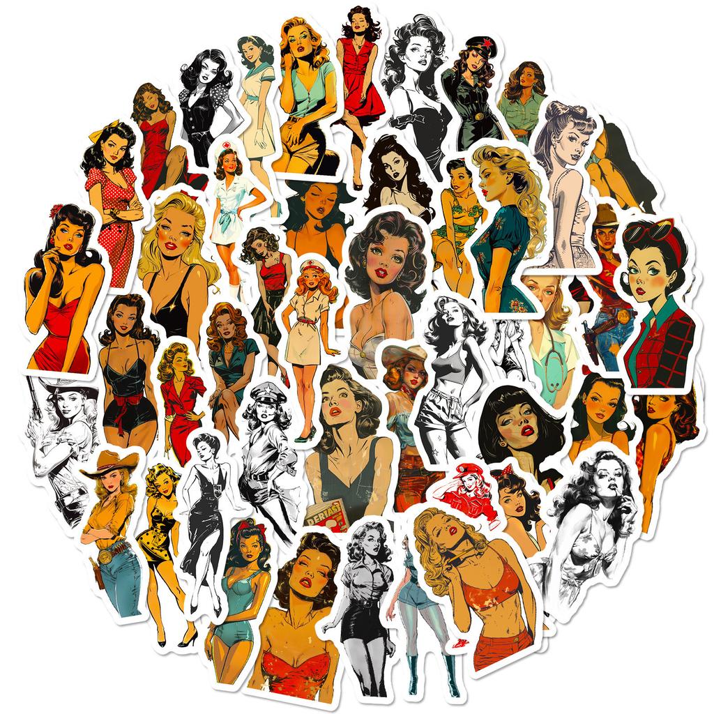 50 Классических Ретро Наклеек Граффити Девочки Без Повторов Сделай Сам Наклейки для Ноутбука Чемодана Водного Стакана