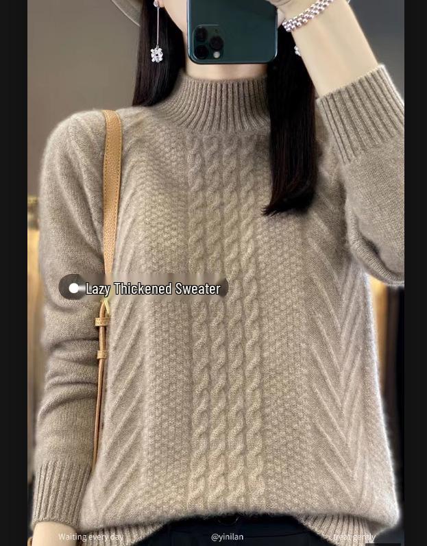 Женский шерстяной свитер с полувысоким воротником - Однотонный, Вязаный косами, Смесь кашемира, Утепленный базовый слой, Модный Осень/Зима 2023.