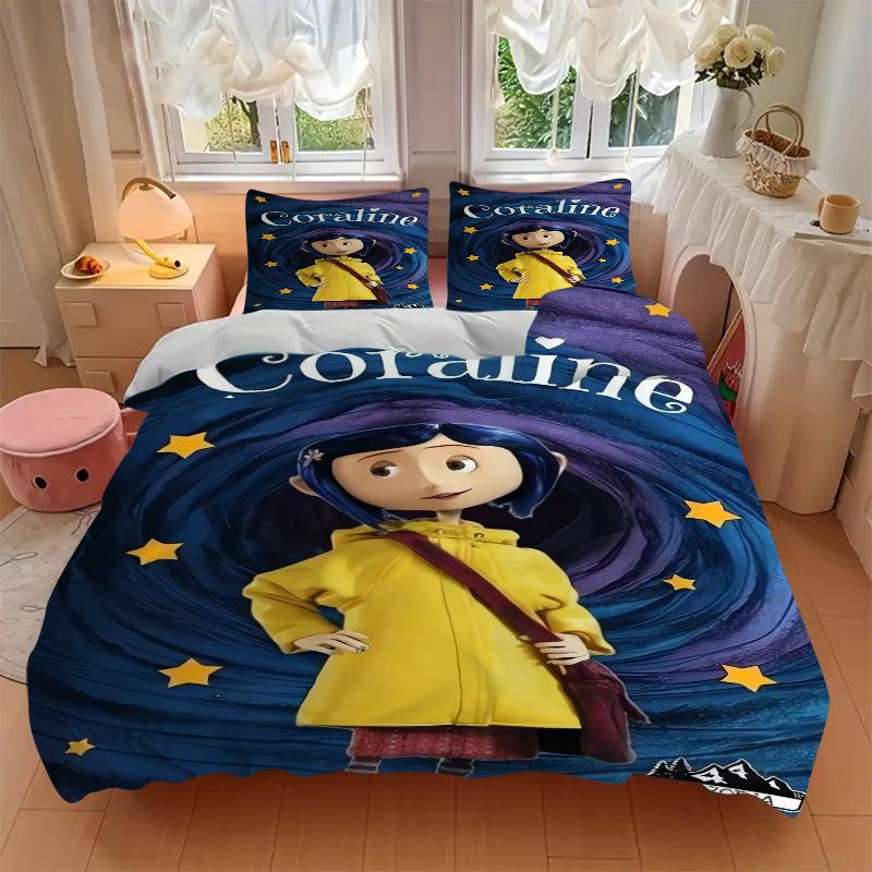 3Pcs Coraline'S Magical Adventure Bedding Set Soft Fabric Duvet Cover Pillowcases Home Christmas Xmas Halloween Gift 1 Duvet Cover 2 Pillowcase L1299