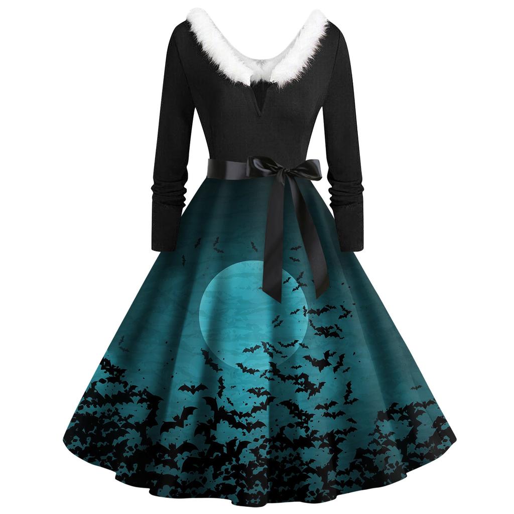 Женские повседневные модные платья с длинными рукавами и v-образным вырезом с принтом на Хэллоуин
