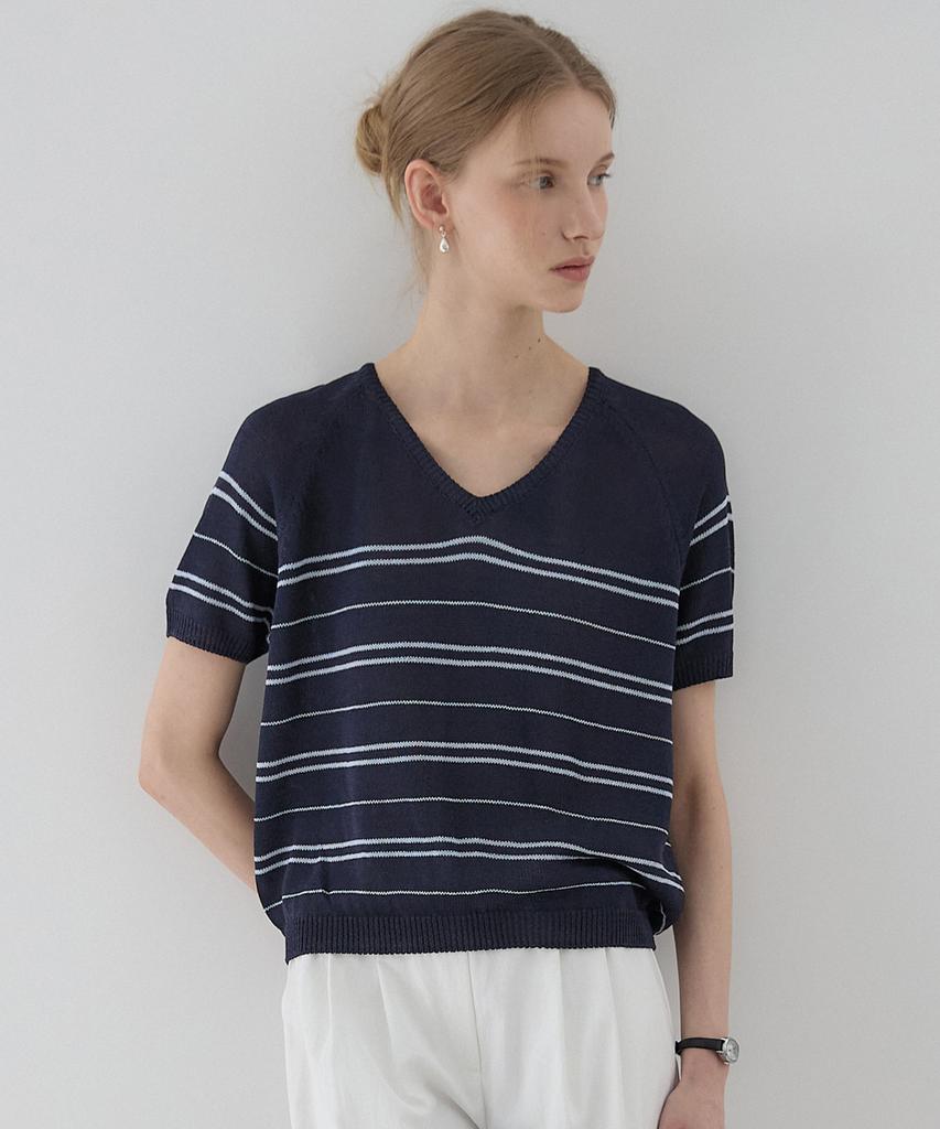 OURHOPE Sheer Linen Striped V-Neck Knit - Navy