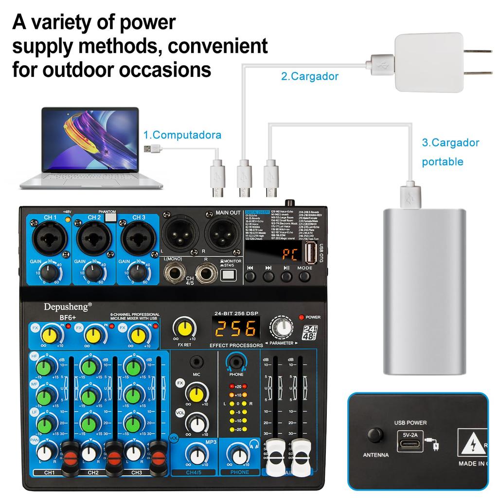 Depusheng Portable Mini Mixer 6 Channel Audio Mixer DJ Console with Bluetooth 48V Phantom USB 256 DSP for PC Recording Webcast Party BF6+ Function,