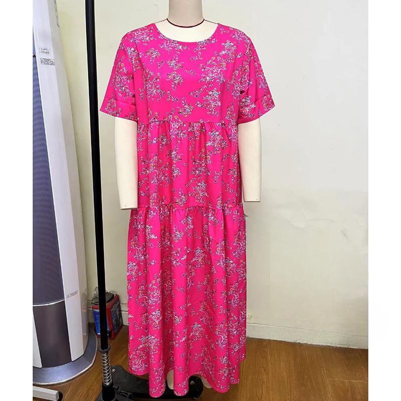 Summer Beach A Line Casual Long Dress Women Short Sleeve Pleated Loose Plus Size Floral Dresses Women Elegant Round Neck Vintage Lady Dress 24896