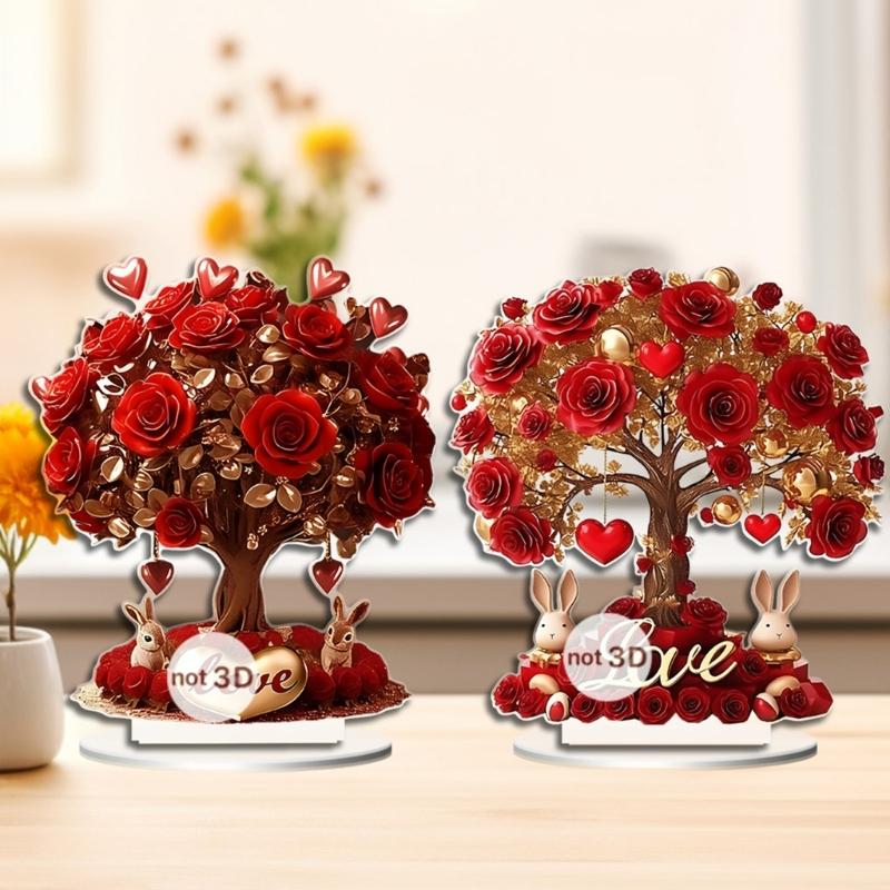 Акриловое дерево с розами ко Дню святого Валентина 2D Плоский Орнамент Романтические Домашние Настольные Украшения Для Свадьбы Гостиной Спальни