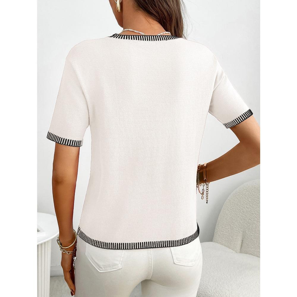 Летний новый женский свитер с круглым вырезом и короткими рукавами, полосатый вязаный свитер