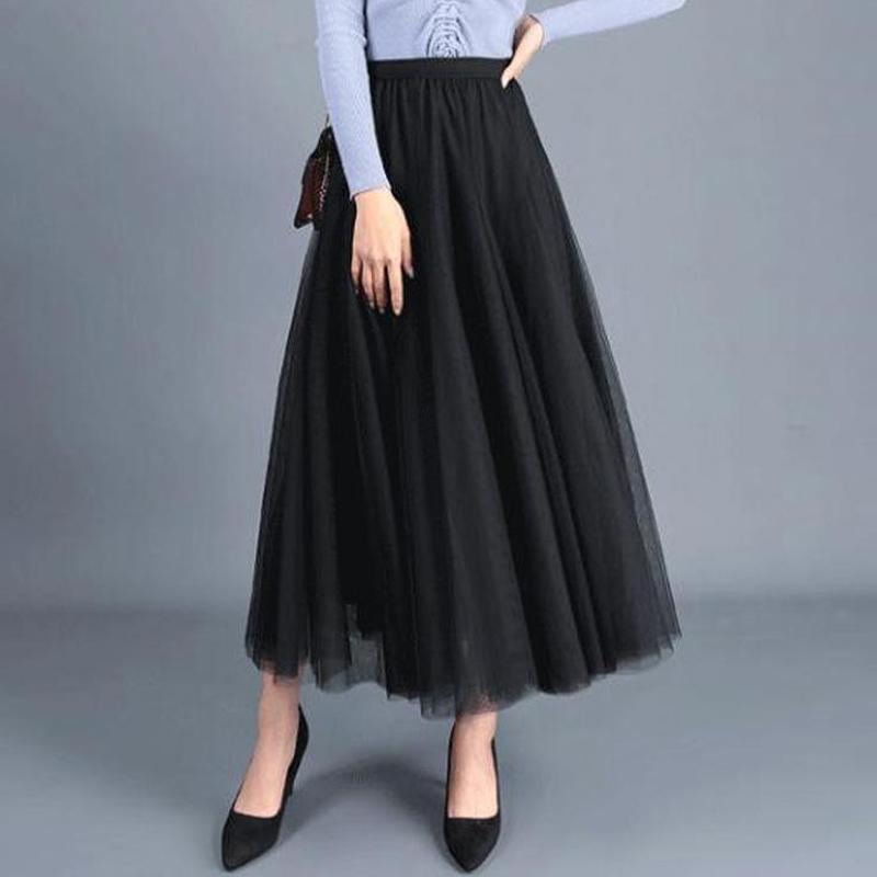 Весенне-осенняя женская юбка, пышная юбка длиной до щиколотки, тонкая юбка трапециевидной формы из сетчатой ​​пряжи с высокой талией и лямкой феи