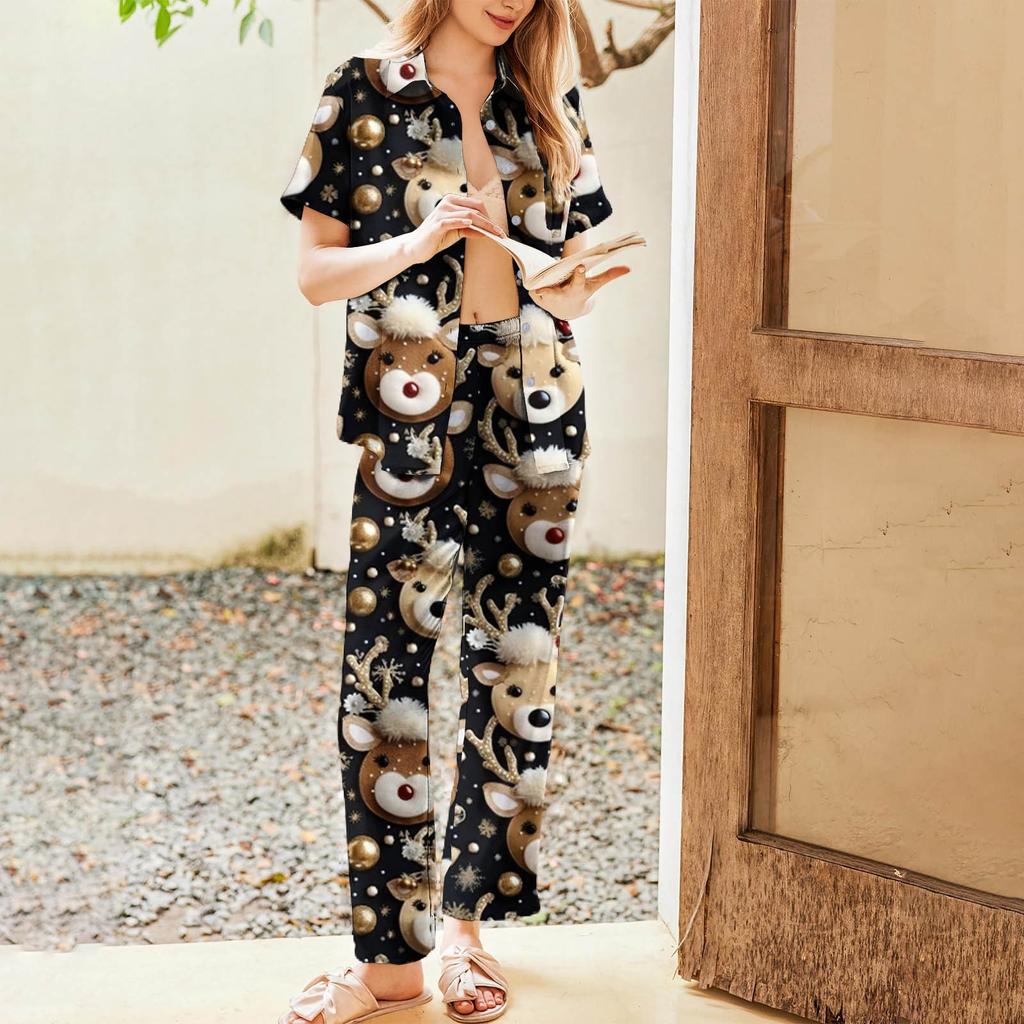 Женский рождественский пижамный комплект с принтом, женские короткие рукава, длинные брюки, комплект из двух предметов, застегивающийся на пуговицы, домашняя одежда
