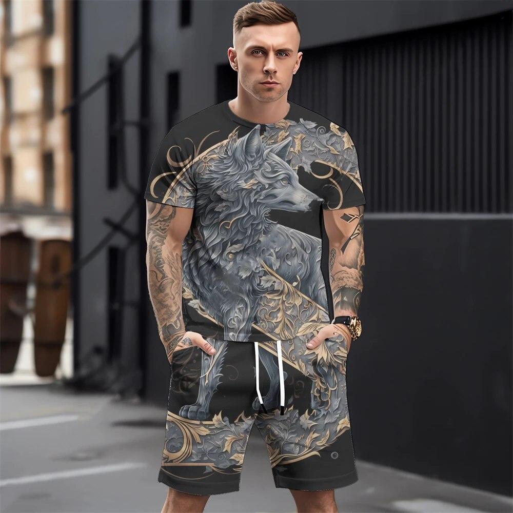 Летние мужские комплекты футболок, модная одежда с 3D принтом животных, необходимая одежда для мужчин, повседневный спортивный костюм, спортивный костюм из двух предметов для бега, спортзала
