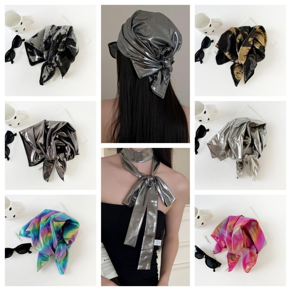 Y2K Liquid Silver Hair Scarf Soft Wrap Punk Bandana Turban Accessories Laser Color Hair Band Girls
