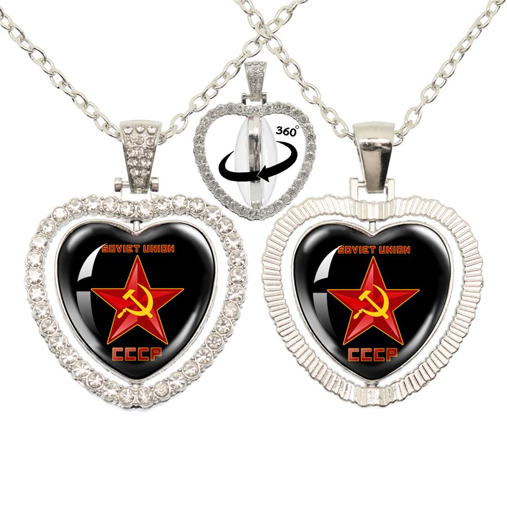 Vintage Ussr Soviet Badges Sickle Hammer Heart shaped Pendant Necklace Cccp Fashion 360 Degree Rotary Rhinestone Jewelry