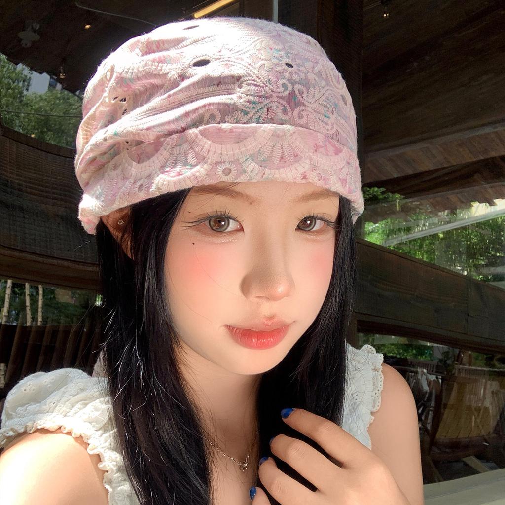 Broken lace hollow headscarf hat women's summer thin breathable face small pile hat retro sweet headscarf hat
