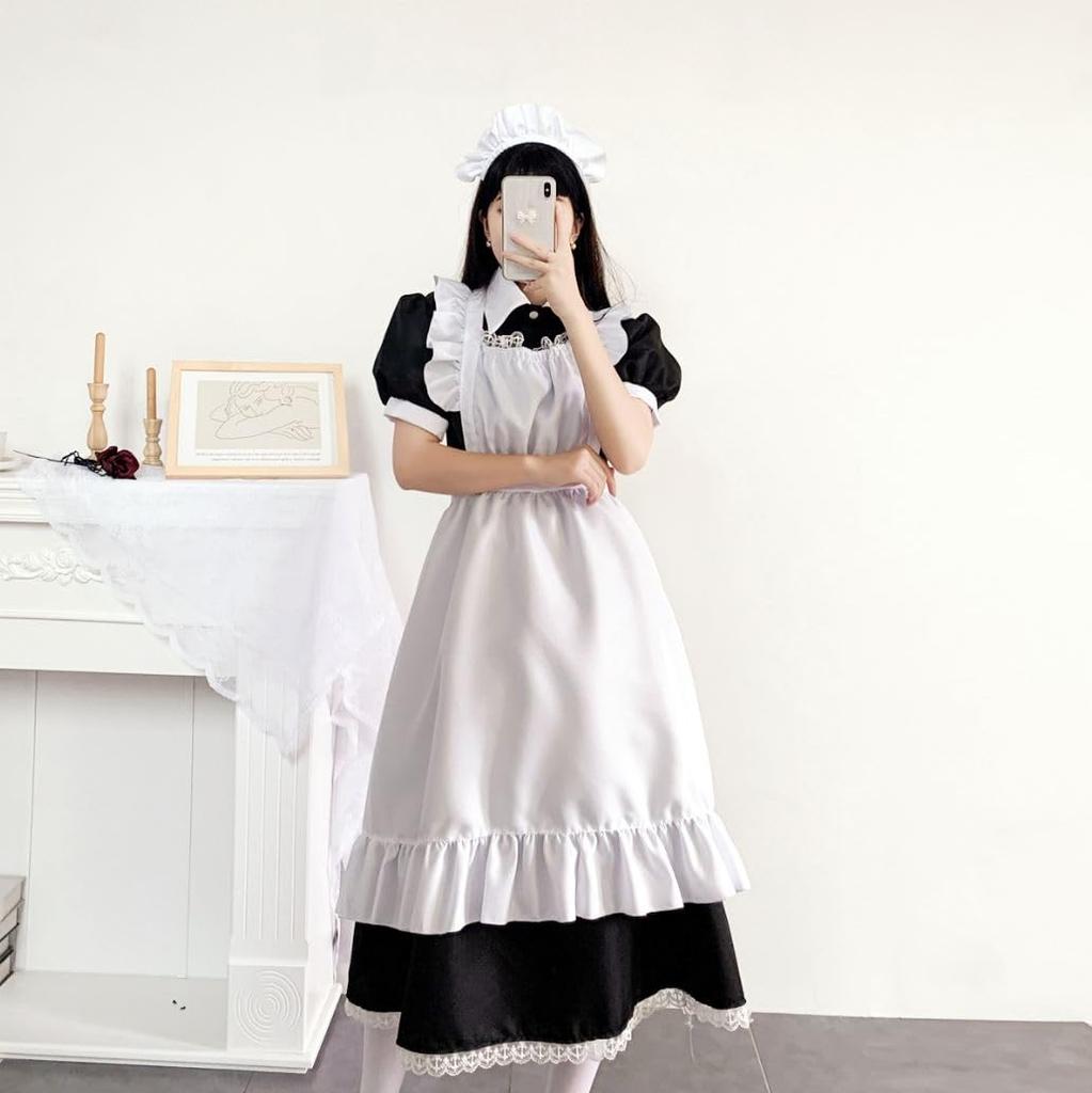 Maid Costume Cosplay Long Cool Long Sleeve Ruffle Gothic Lolita Scratch Sticker Ribbon Decoration Cute Costume Disguise Decoration [ACURACE] (L)