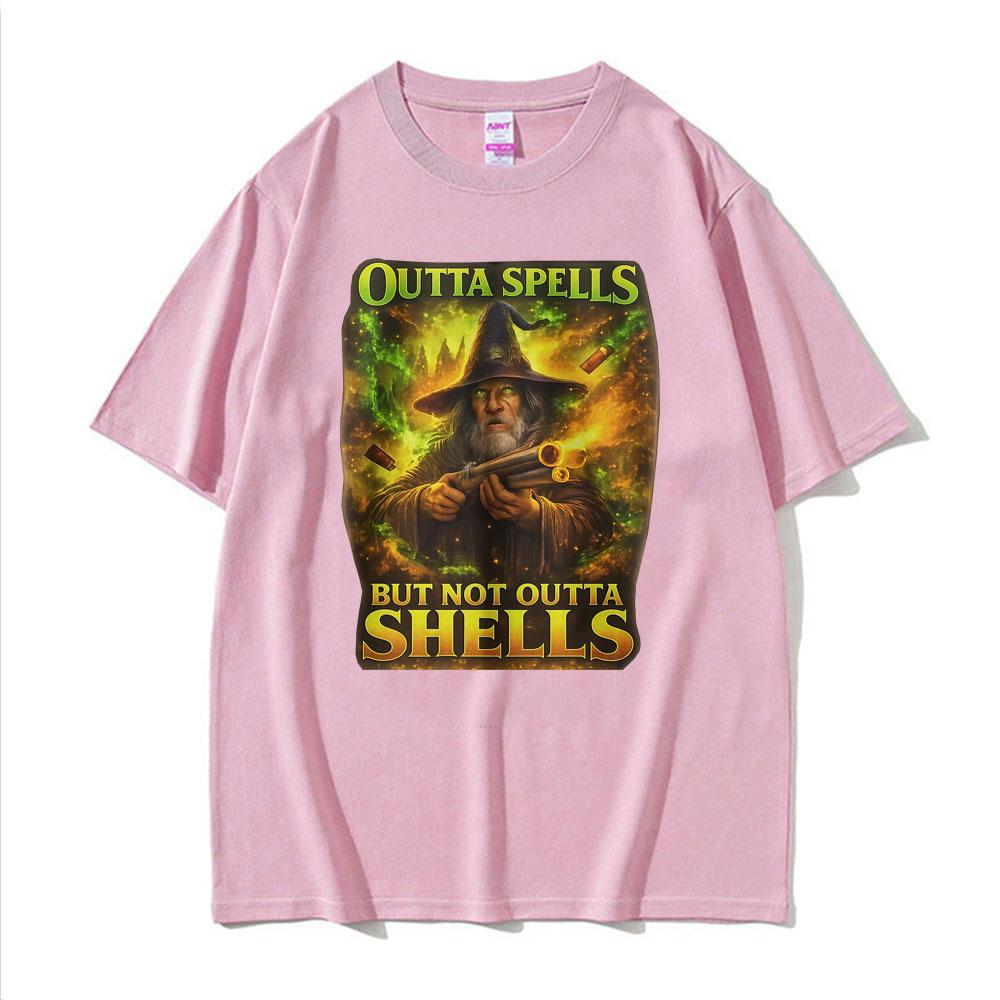 Outta Spells But Not Outta Shells Ironic Wizard T Shirt Funny Fantasy Meme T Shirts Men Women Fashion Summer 100 Cotton Tshirt
