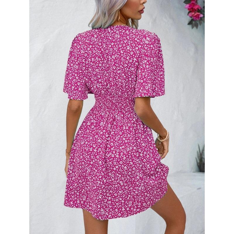 YYFS Women's Fashion Summer Spring Flower Pattern Print Short Sleeve V-Neck High Waist Casual Dresses