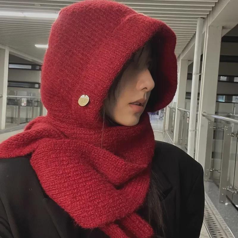 Высококачественная красная шерстяная шапка-балаклава для женщин с защитой ушей и шарфом