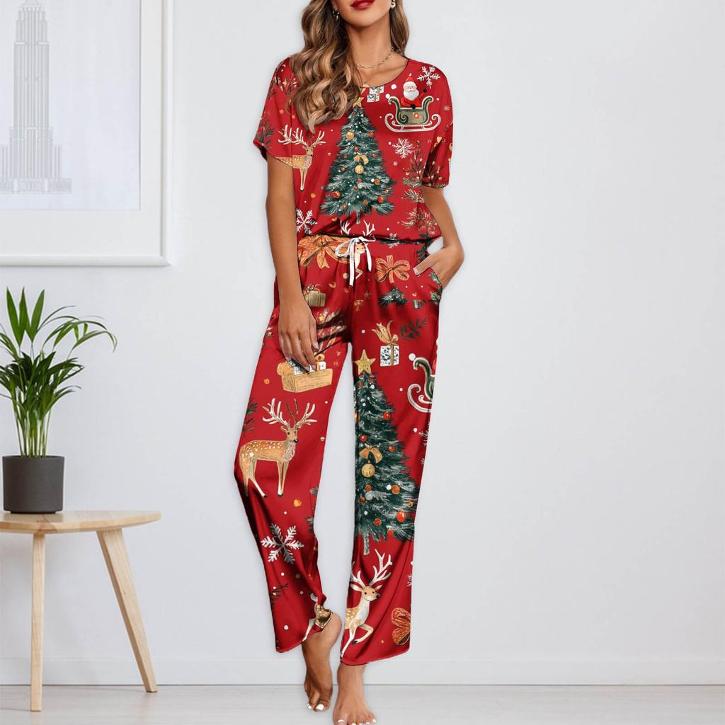 Женский шелковый атласный пижамный комплект с рождественским принтом, рубашка с коротким рукавом и длинные пижамные штаны, мягкая домашняя одежда