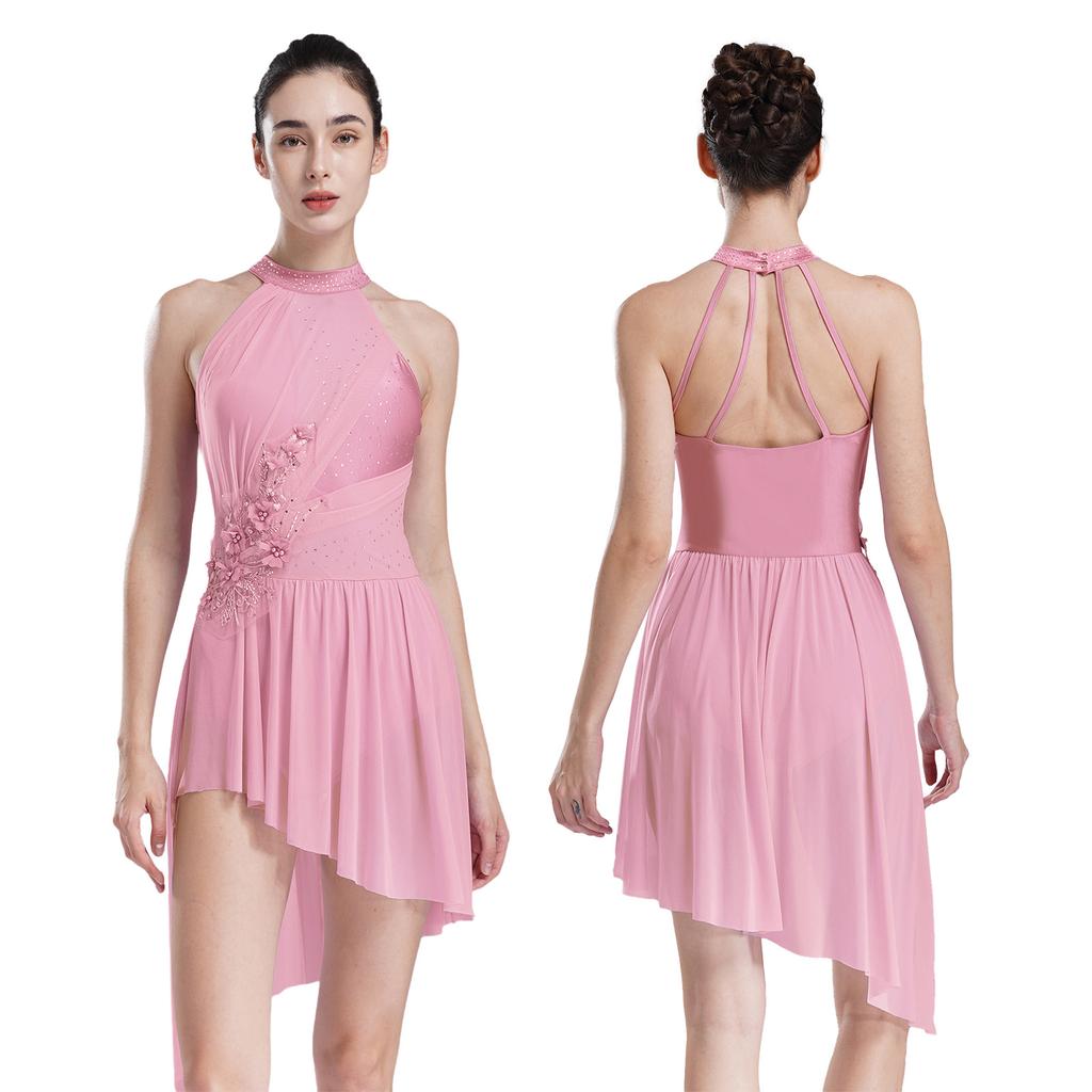 Women Applique Lyrical Contemporary Dancewear High-Low Mesh Splice Skirted Fancy Skating Costume Ballet Dresses Dancing Party