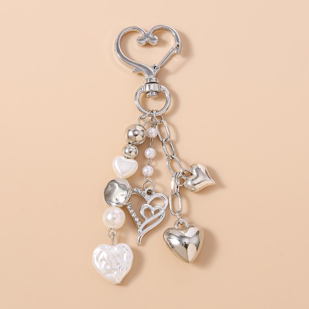 Cute Bowknot Love Heart Keychain Women Girl Pearl Beaded Key Ring Pendants for Handbag Decor DIY Handmade Key Chain Gift