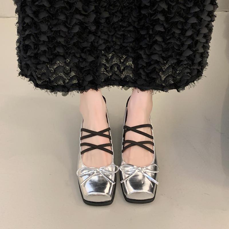 2025 NEW French Style Chunky Heel Cross Band Square Head Single Shoes Commute Evening Wind Comfortable Leather Shoes