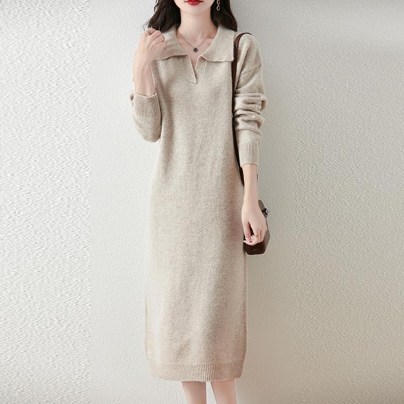 Женское платье-свитер 100% шерсть MODERN NEW SAGA V-образный вырез трикотажный длинный пуловер воротник поло зимние джемперы шерстяное длинное платье женское