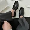 Cowhide Version~ Square Head Retro British Black Small Leather Shoes, Women's Commuting One-pedal Loafers Temperament Thick Heel Single Shoes
