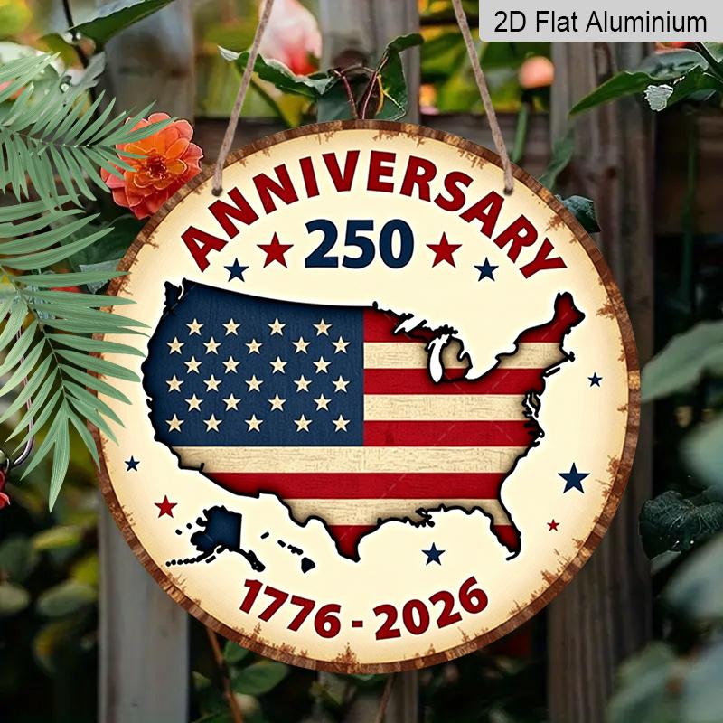 Плоский 2D, 1 шт. Круглый алюминиевый знак 250-летия Америки - Свобода 250 Круглый настенный декор с дизайном Флага и Фейерверков, 1776-2026 День Независимости