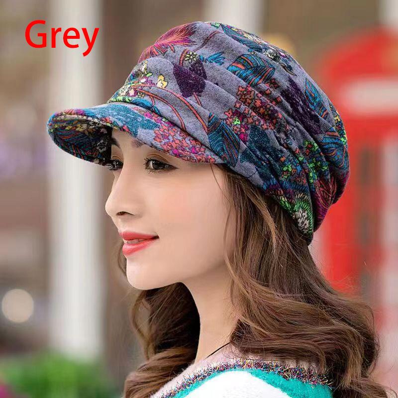 Women Keep Warm Turban Visor Hat Floral Print Windproof Cap Wide-Brimmed Cap Winter Warm Fashion