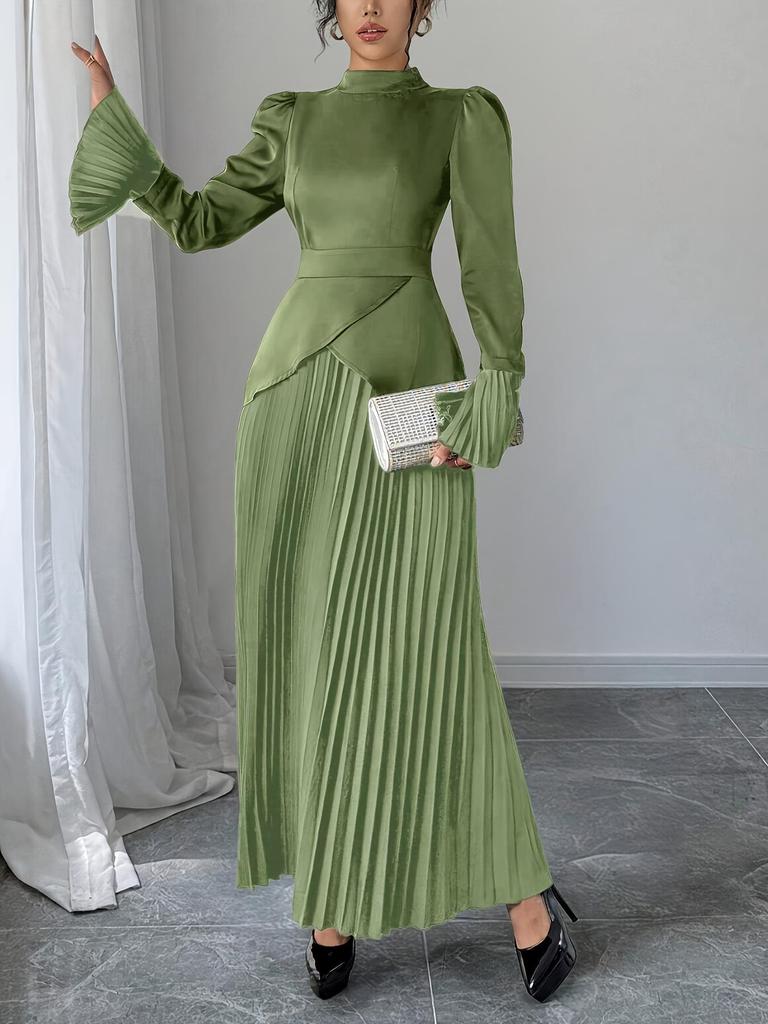 TEMU Внешняя торговля Платье вечернее с высоким воротом, приталенное по талии, плиссированное, с длинным рукавом