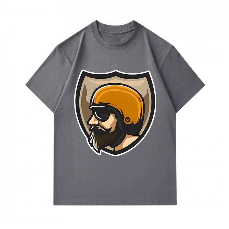 Men's 100% Cotton Crew Neck Short Sleeve T-Shirt, Vintage Biker Bearded Rider Helmet Shield Graphic Casual Comfy Breathable Tee for Daily Outdoor Wear