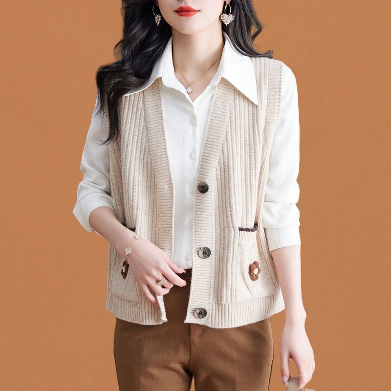 Вязаный жилет с V-образным вырезом, кардиган, женская свободная куртка на весну и осень, безрукавка, жилет с карманом, топ