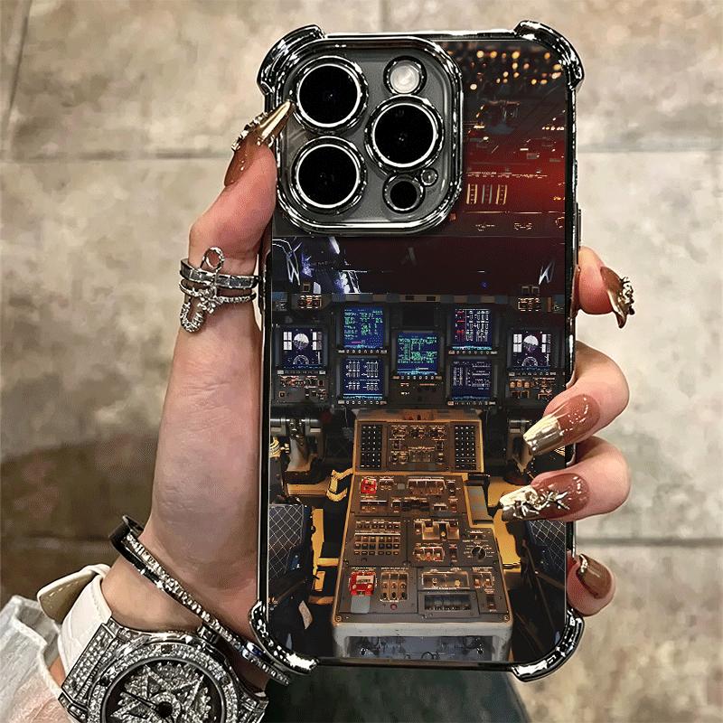 Aviation Aeroplane Pilot Cockpit Plating Phone Case For Iphone 16 17 Pro Max Air 16E 14 15 Plus 12 13 Mini Anti-Fall Airabag Cov