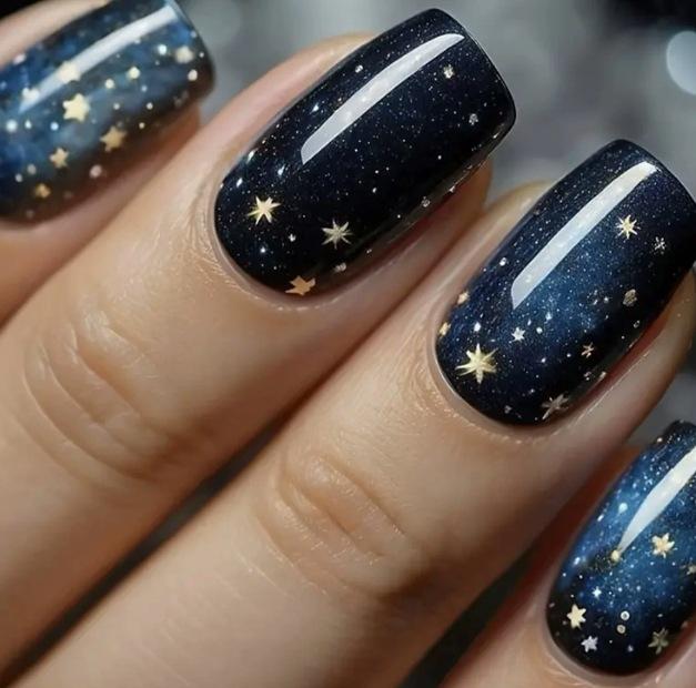 24 штуки темно-синие космические звездное небо средние квадратные накладные ногти, готовое изделие, носимые ногти, маникюр оптом