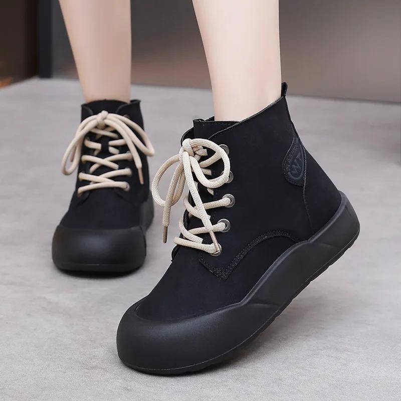 Женская обувь Зимние ботинки Корейские плюшевые Комфортные Для улицы Противоскользящие Хлопковые ботинки Зима На шнуровке Платформа Короткие ботильоны