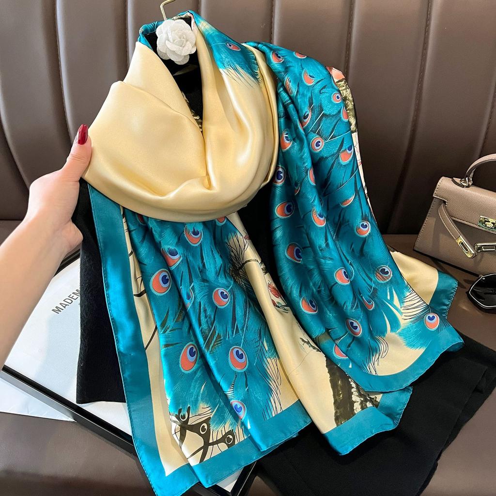 New Spring and Autumn Retro Floral Cranes Temperament Simulation Silk Large Long Scarf Sunscreen Outwear Shawl Female Silk Scarf