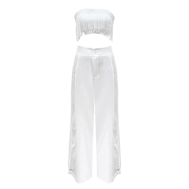 Solid Color Tassel Tube Top Strap Two-piece Sexy Beach Seaside Vacation Ladies Suit 2025 High Waist Wide Leg Pants & Short Tube Top