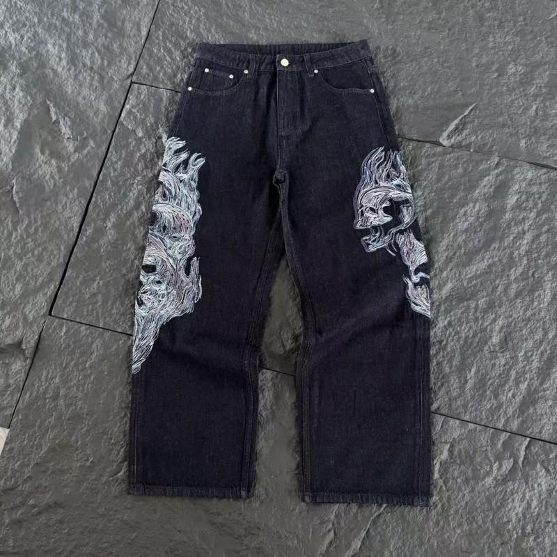 Mens Streetwear Loose Fit Denim Pants With Plum Blossom Embroidery Casual Straight Leg Jeans