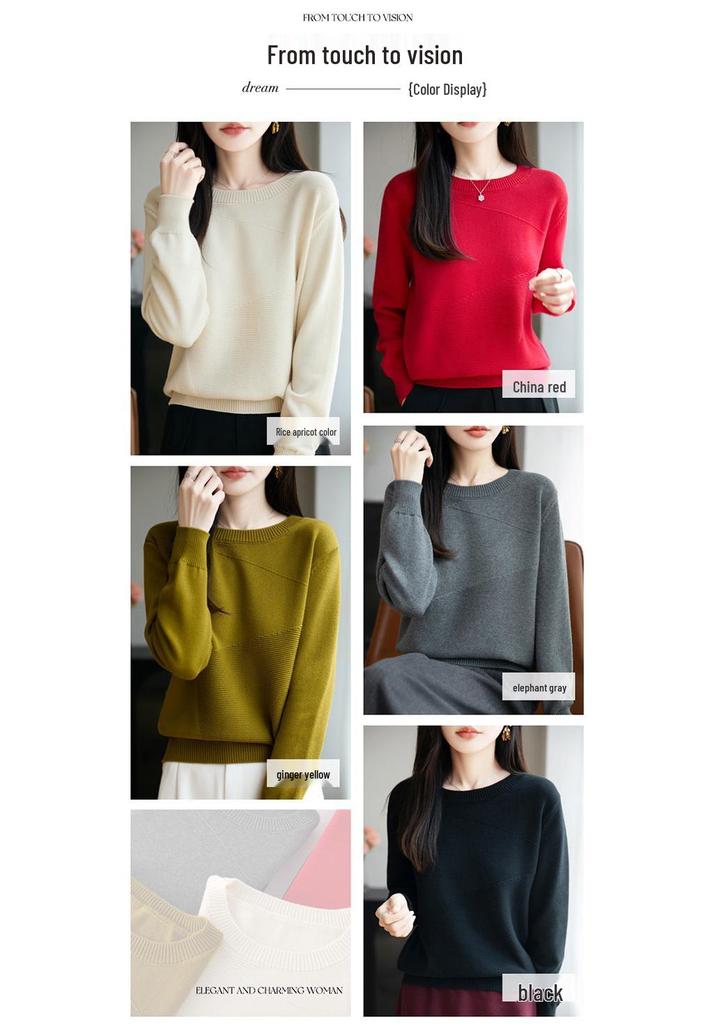 Women's Anti-Pilling 100% Cotton Sweater, Round Neck, Diagonal Block Pattern, New Style Knit, Thick Base Layer Top
