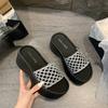 Large Size One-word Cool Slippers Summer New Solid Color Woven Hollow Square Head High Heels Thick-soled Thick-heeled Slippers