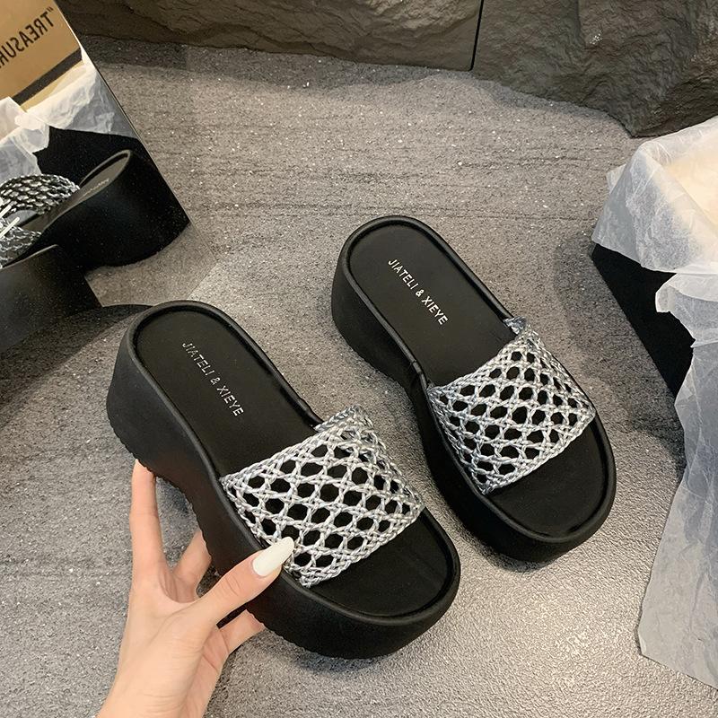 Large Size One-word Cool Slippers Summer New Solid Color Woven Hollow Square Head High Heels Thick-soled Thick-heeled Slippers