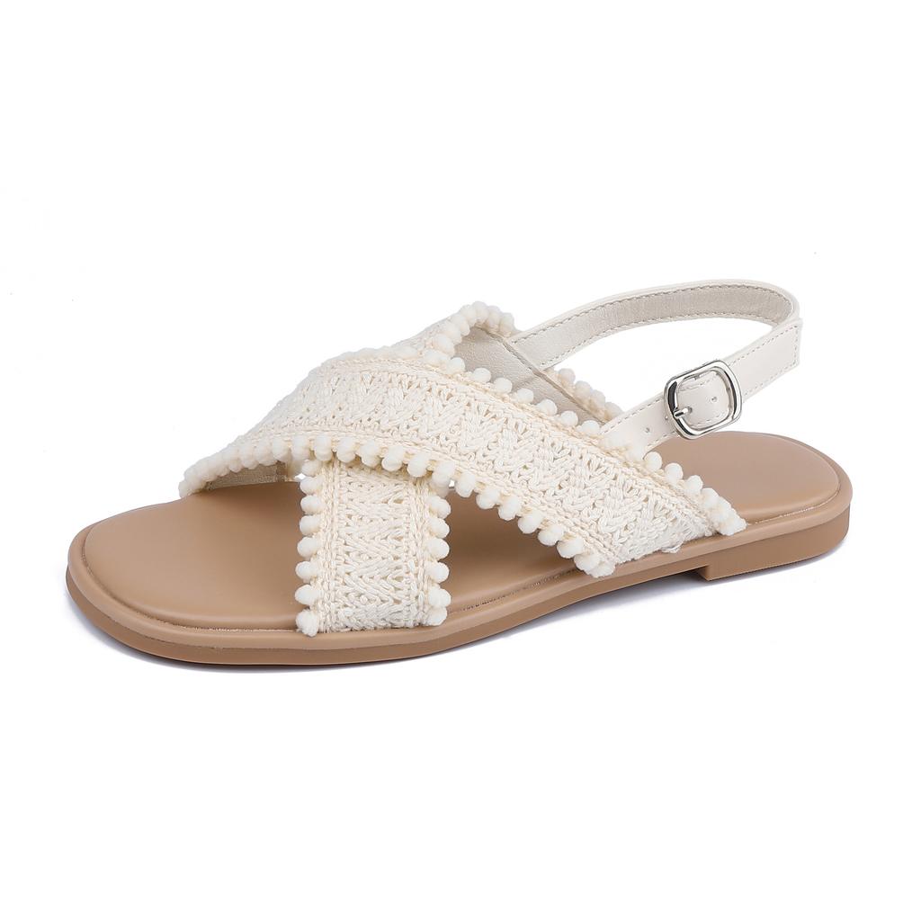 Grape Mother Summer New Gentle Wind Woven Cross Belt Sandals Women's Temperament Wear Versatile Flat Bottom Cool Slippers