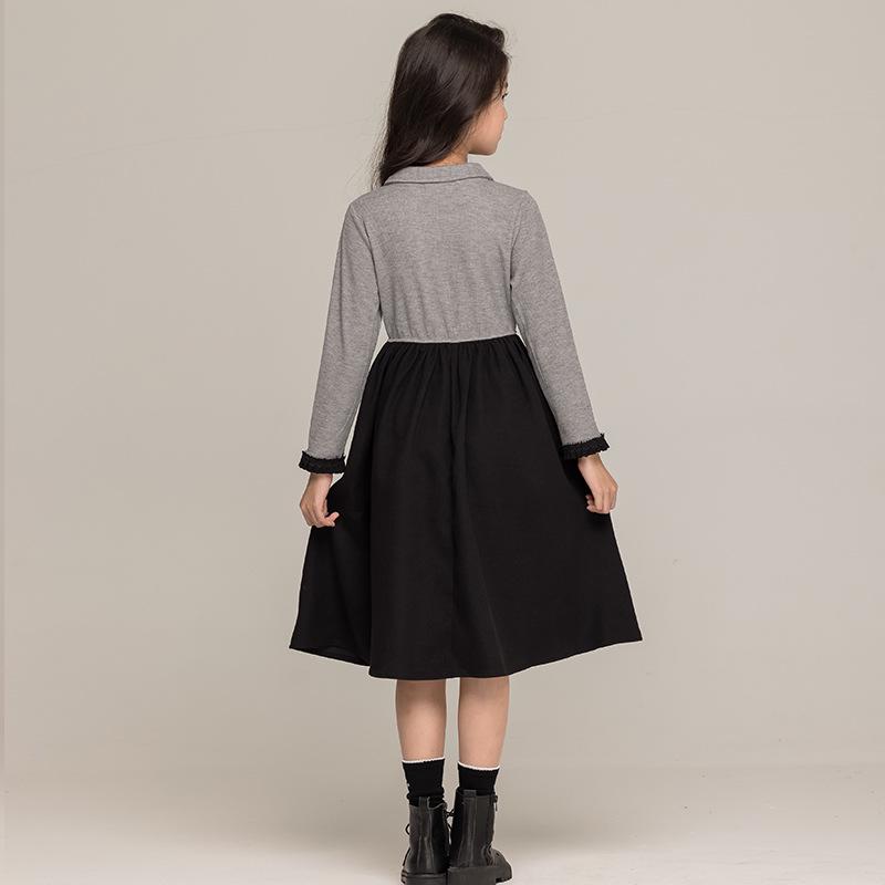 Осеннее платье для девочек в корейском стиле 2024 года с бантом и юбкой с воротником-рубашкой