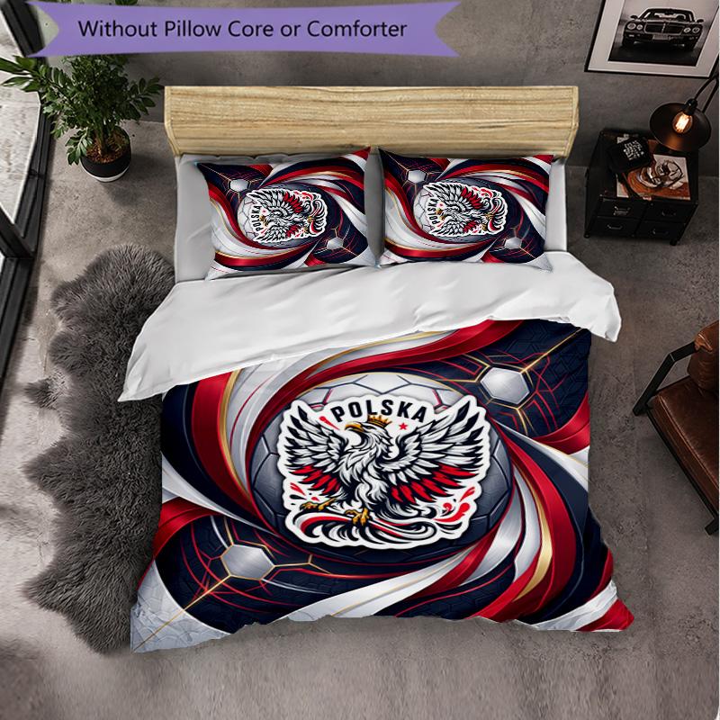 Poland Football Pattern 3 Pieces Bedding Set Soft Microfiber Duvet Cover with Pillow Cases for Bedroom