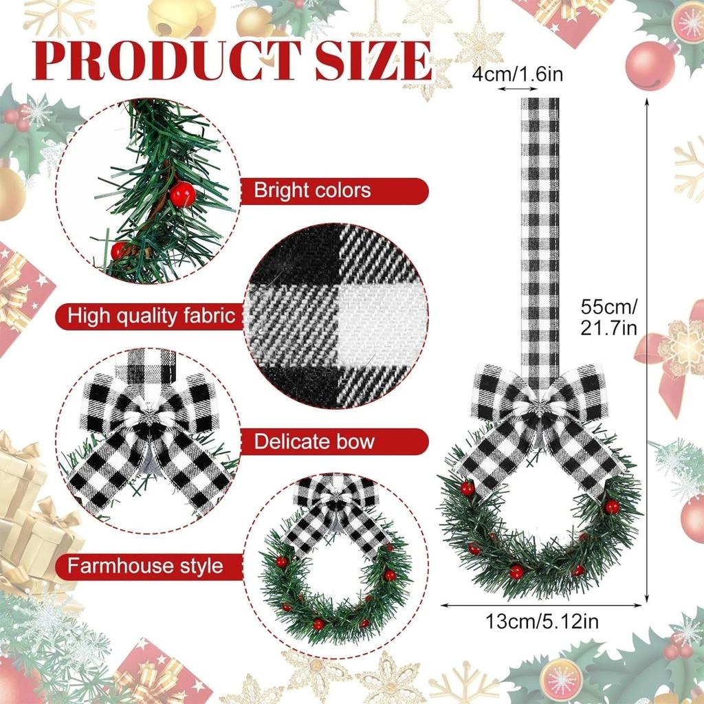 Рождественские венки для кухонного шкафа с клетчатой лентой-бантом, подвесные венки для дверей шкафа, декоративные венки для кухонного окна, наружного и внутреннего праздничного декора