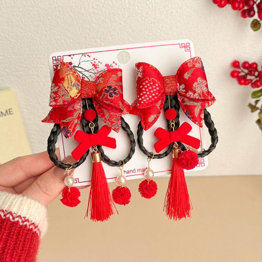 2 шт. новогодний головной убор детский бант шпилька для волос китайский стиль парик коса шпилька ханьфу боковой зажим для девочек