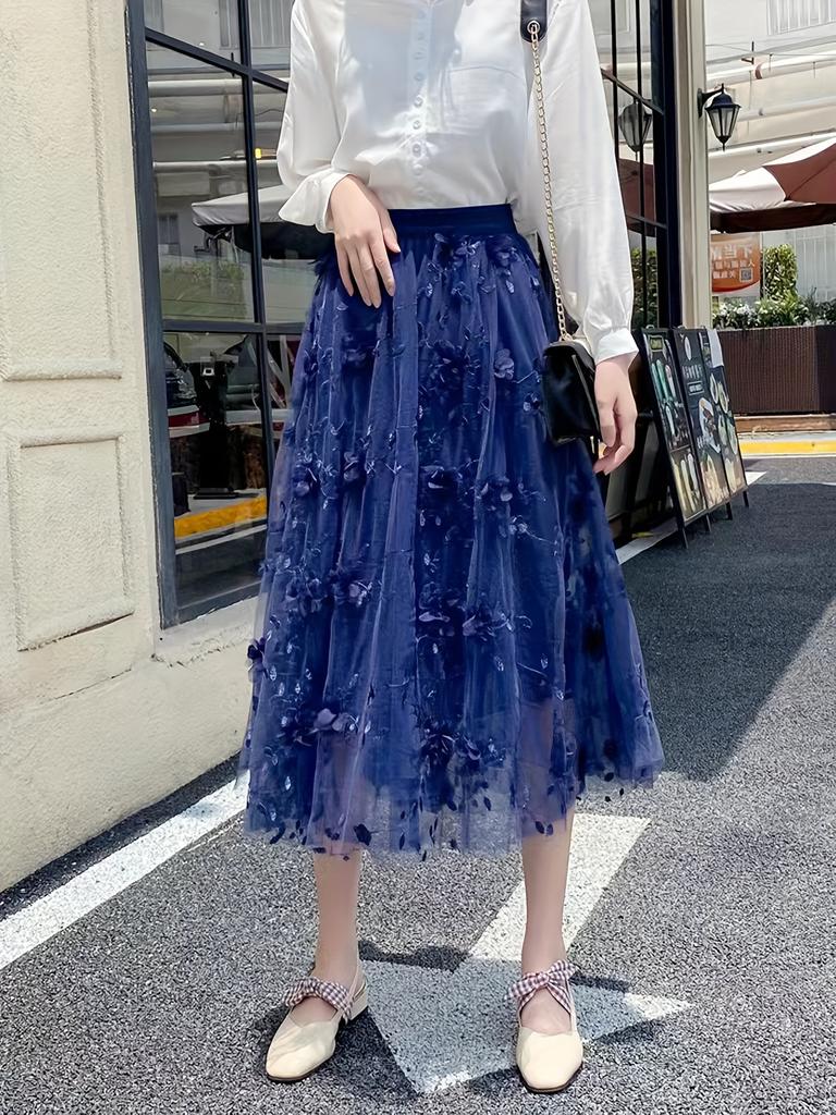 Сетчатая юбка с цветочной аппликацией, повседневная юбка с эластичной резинкой на талии, женская одежда